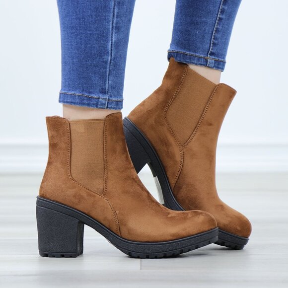 Chelsea Chunky Block High Heel Above Ankle Boots Brown Synthetic Suede - Picture 3 of 12
